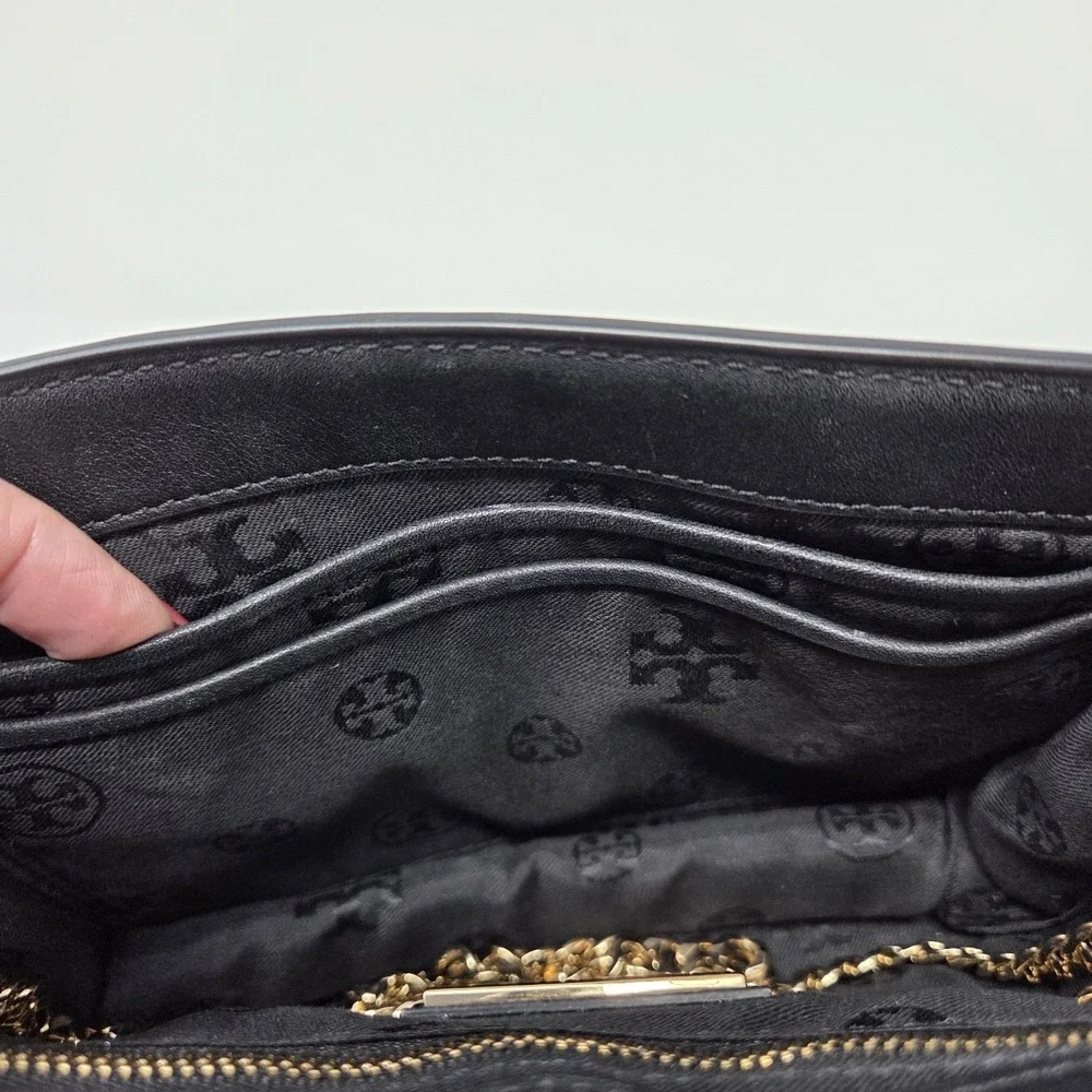Tory Burch Duet Chain Flower Convertible Black Leather Shoulder Bag Gold Strap